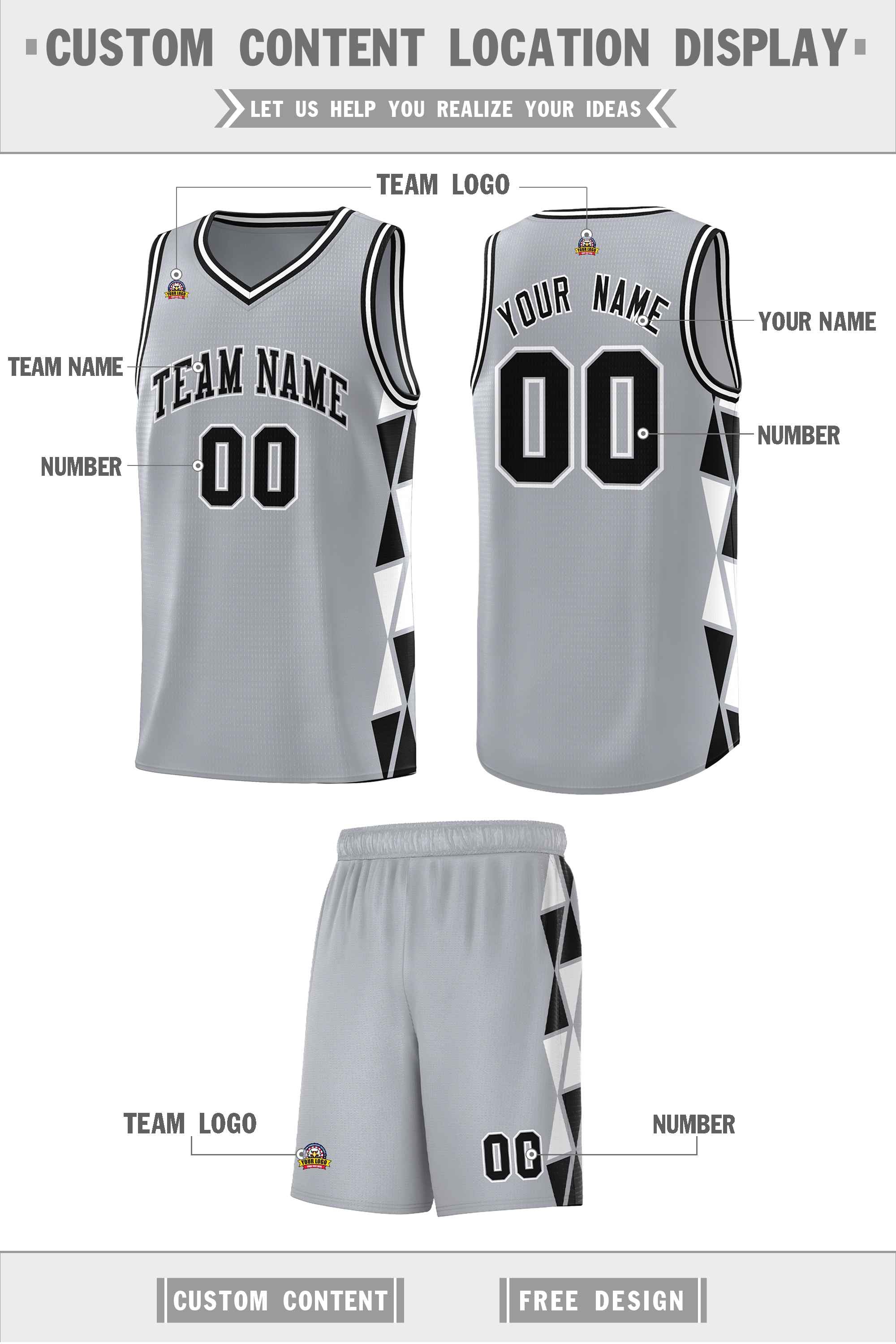 Custom Gray Black-White Side Two-Color Triangle Splicing Sports Uniform Basketball Jersey