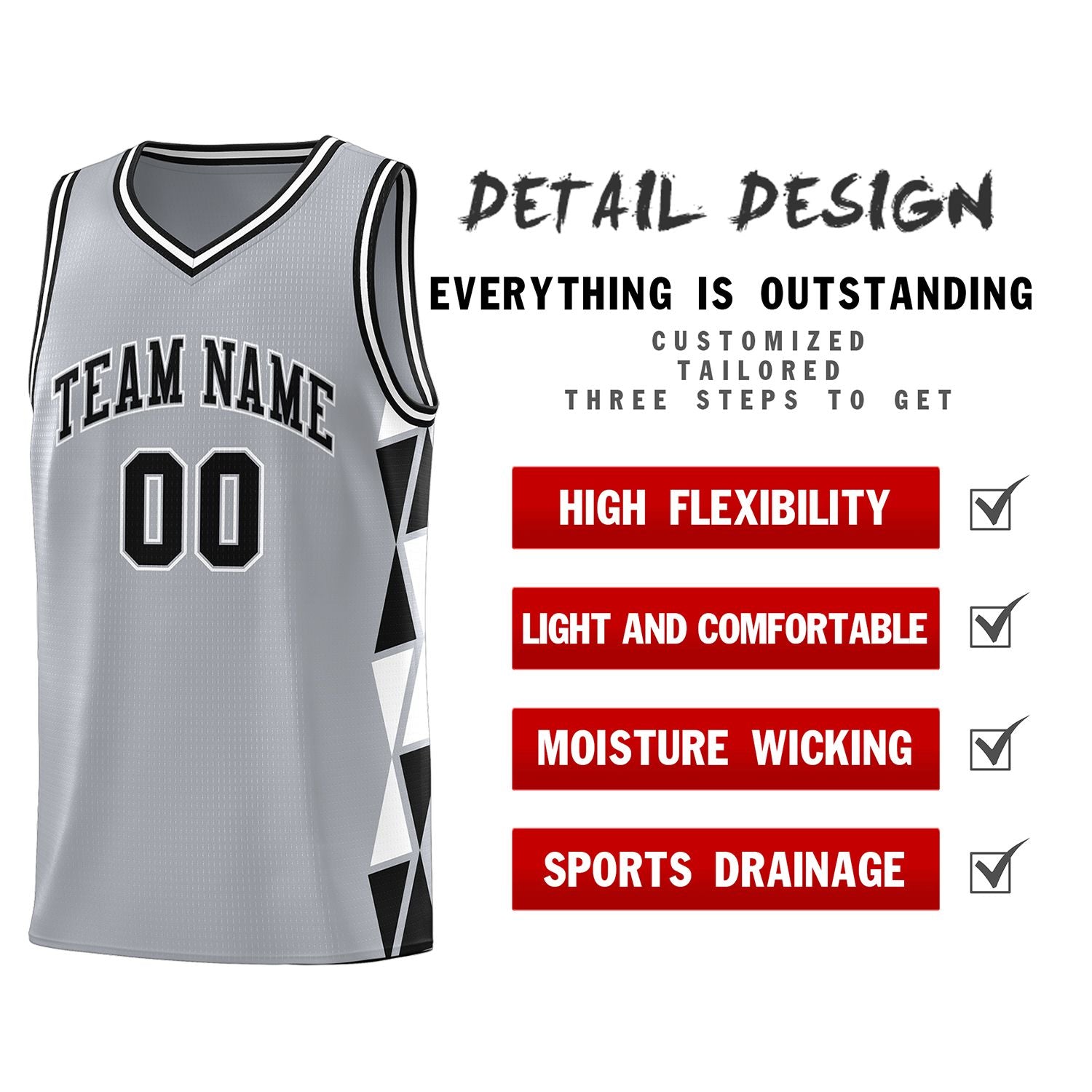 Custom Gray Black-White Side Two-Color Triangle Splicing Sports Uniform Basketball Jersey