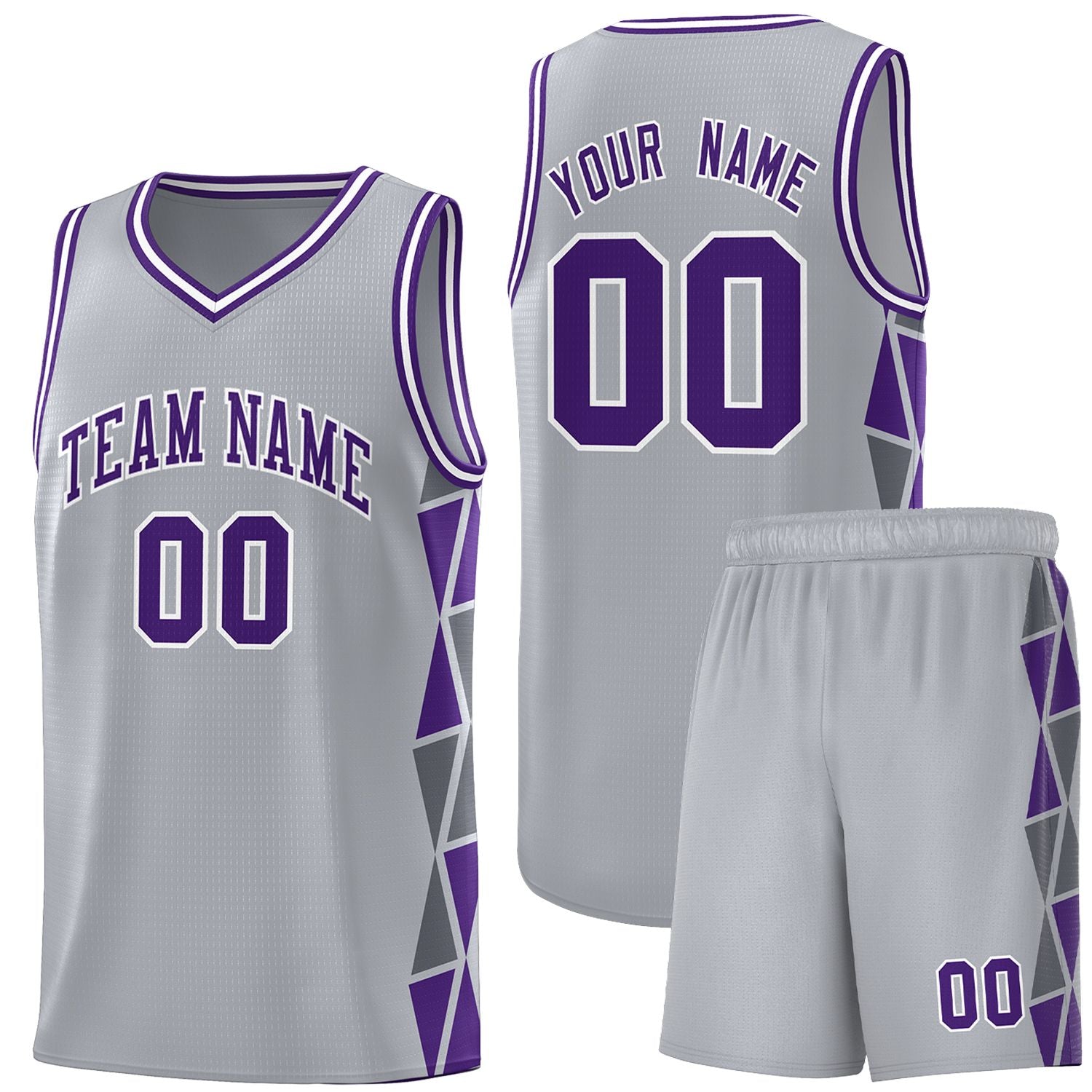 Custom Gray Purple-Dark Gray Side Two-Color Triangle Splicing Sports Uniform Basketball Jersey