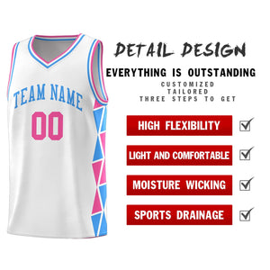 Custom White Pink-Powder Blue Side Two-Color Triangle Splicing Sports Uniform Basketball Jersey