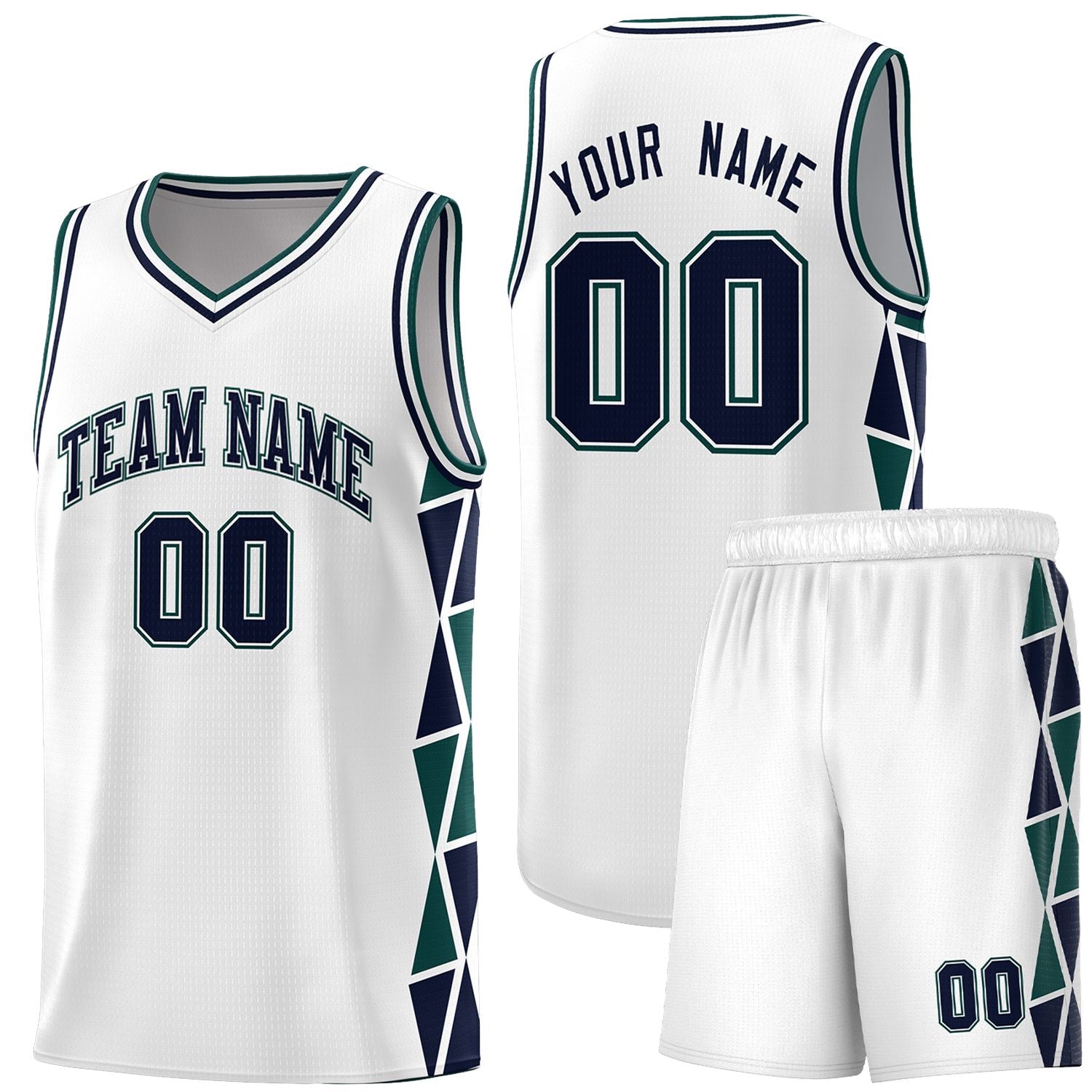 Custom White Navy-Midnight Green Side Two-Color Triangle Splicing Sports Uniform Basketball Jersey