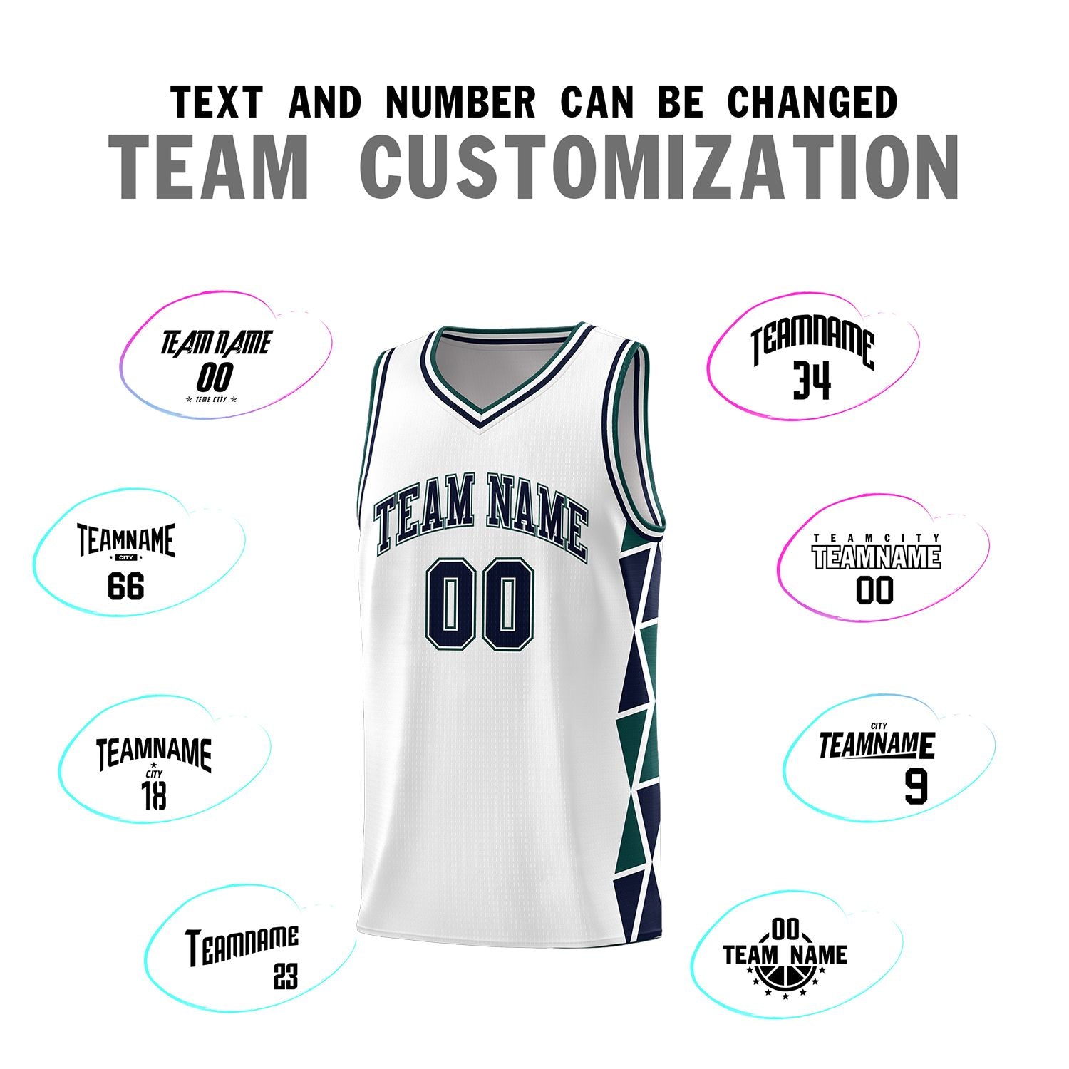 Custom White Navy-Midnight Green Side Two-Color Triangle Splicing Sports Uniform Basketball Jersey