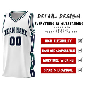 Custom White Navy-Midnight Green Side Two-Color Triangle Splicing Sports Uniform Basketball Jersey