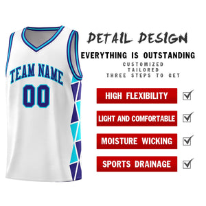 Custom White Violet-Sky Blue Side Two-Color Triangle Splicing Sports Uniform Basketball Jersey