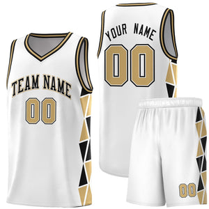 Custom White Black-Old Gold Side Two-Color Triangle Splicing Sports Uniform Basketball Jersey