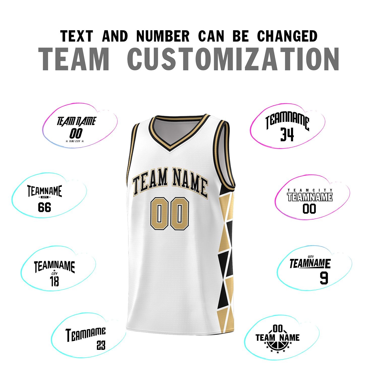 Custom White Black-Old Gold Side Two-Color Triangle Splicing Sports Uniform Basketball Jersey