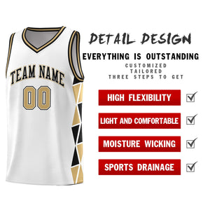 Custom White Black-Old Gold Side Two-Color Triangle Splicing Sports Uniform Basketball Jersey