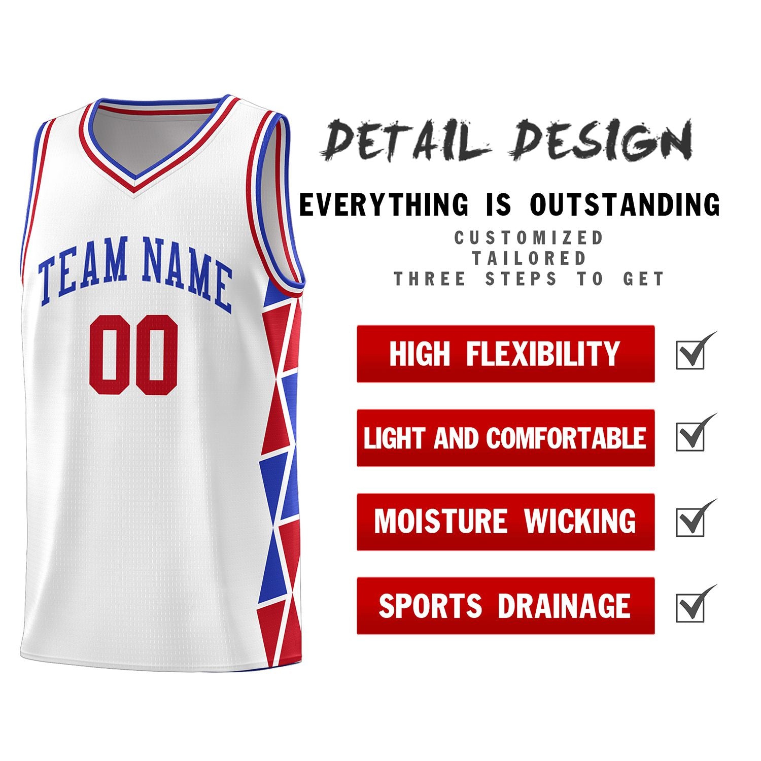 Custom White Royal-Red Side Two-Color Triangle Splicing Sports Uniform Basketball Jersey