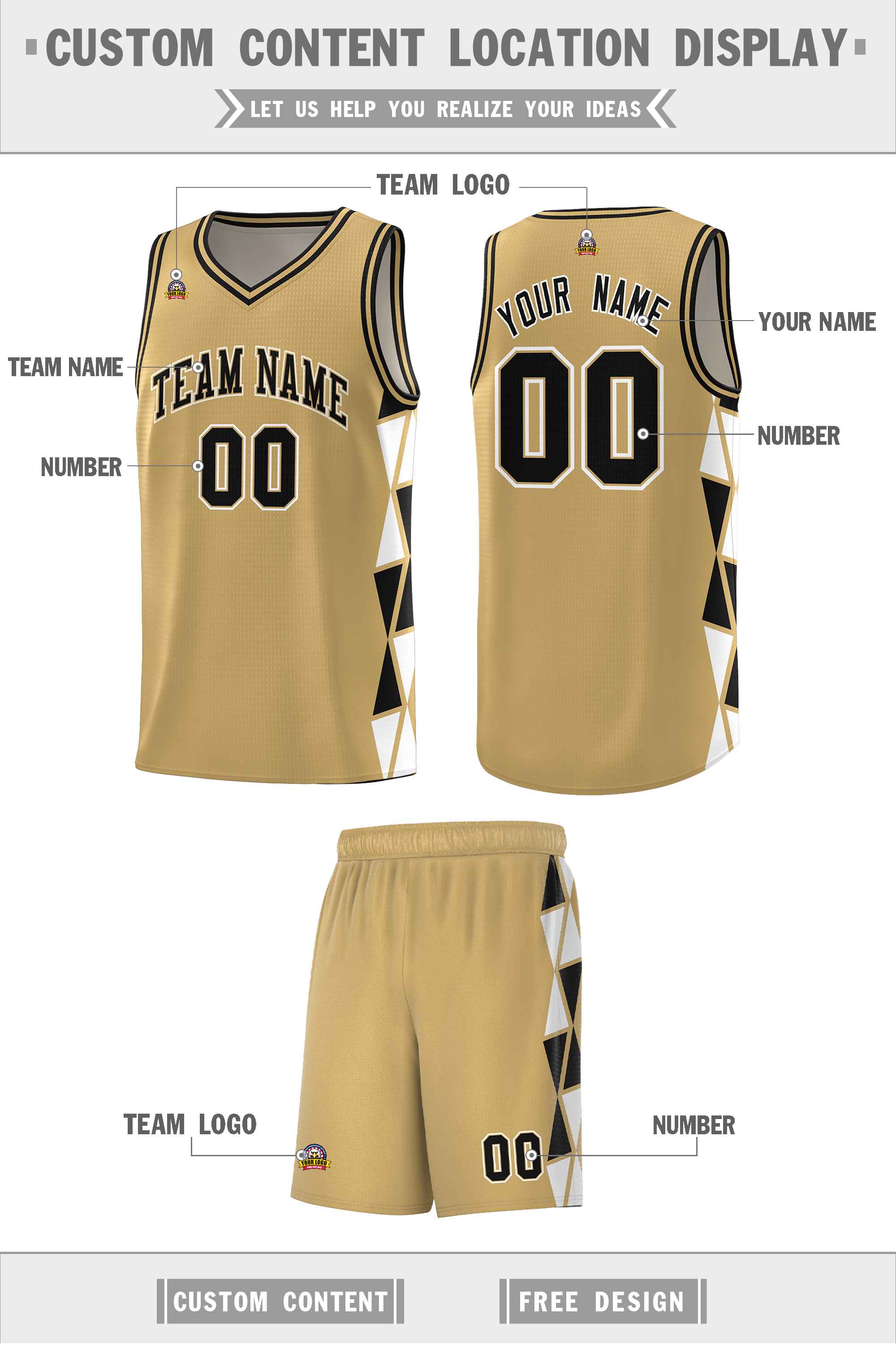 Custom Old Gold Black-White Side Two-Color Triangle Splicing Sports Uniform Basketball Jersey