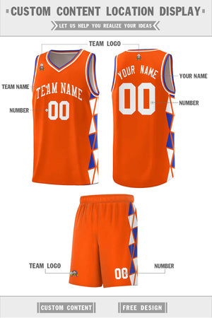 Custom Orange Royal-White Side Two-Color Triangle Splicing Sports Uniform Basketball Jersey