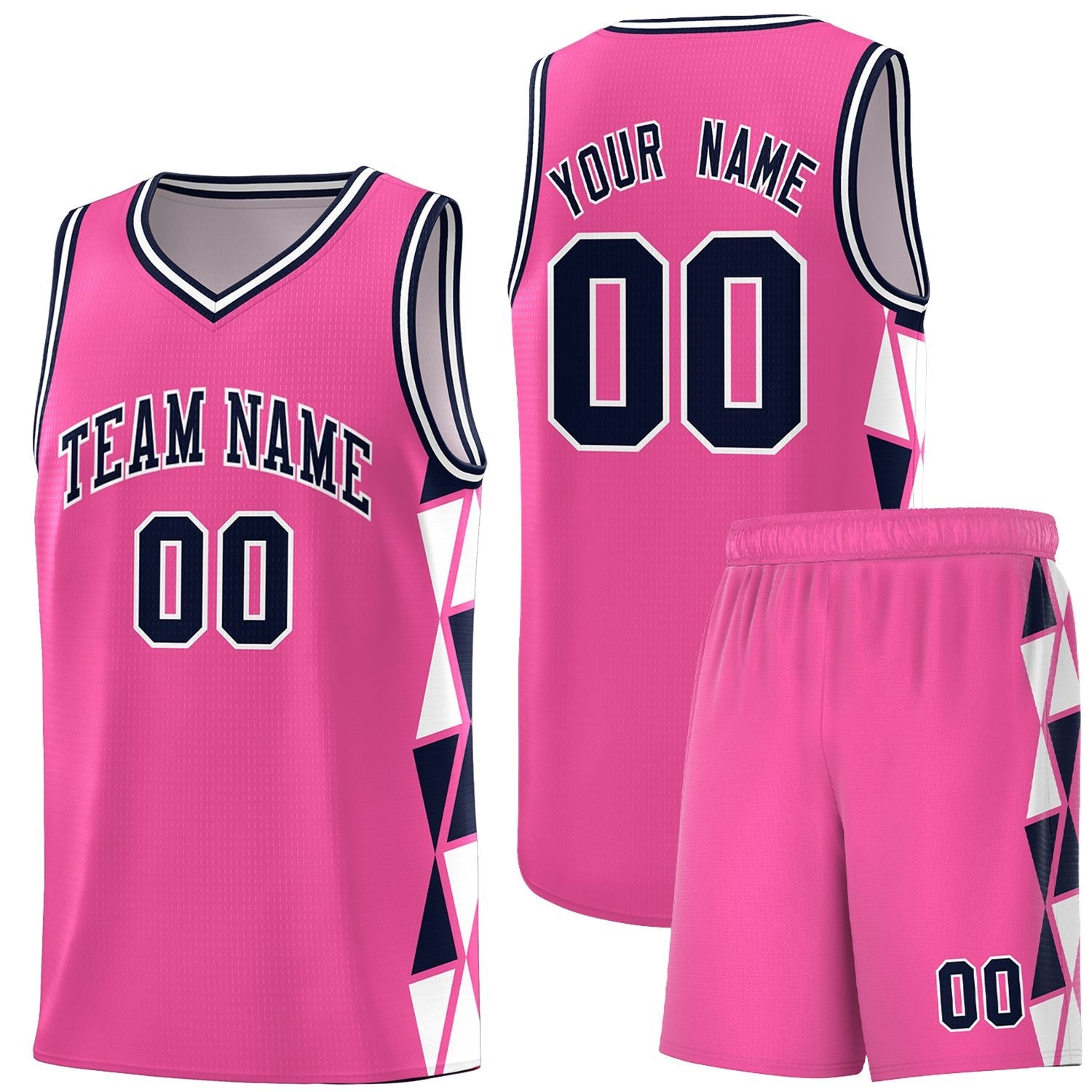 Custom Pink Navy-White Side Two-Color Triangle Splicing Sports Uniform Basketball Jersey