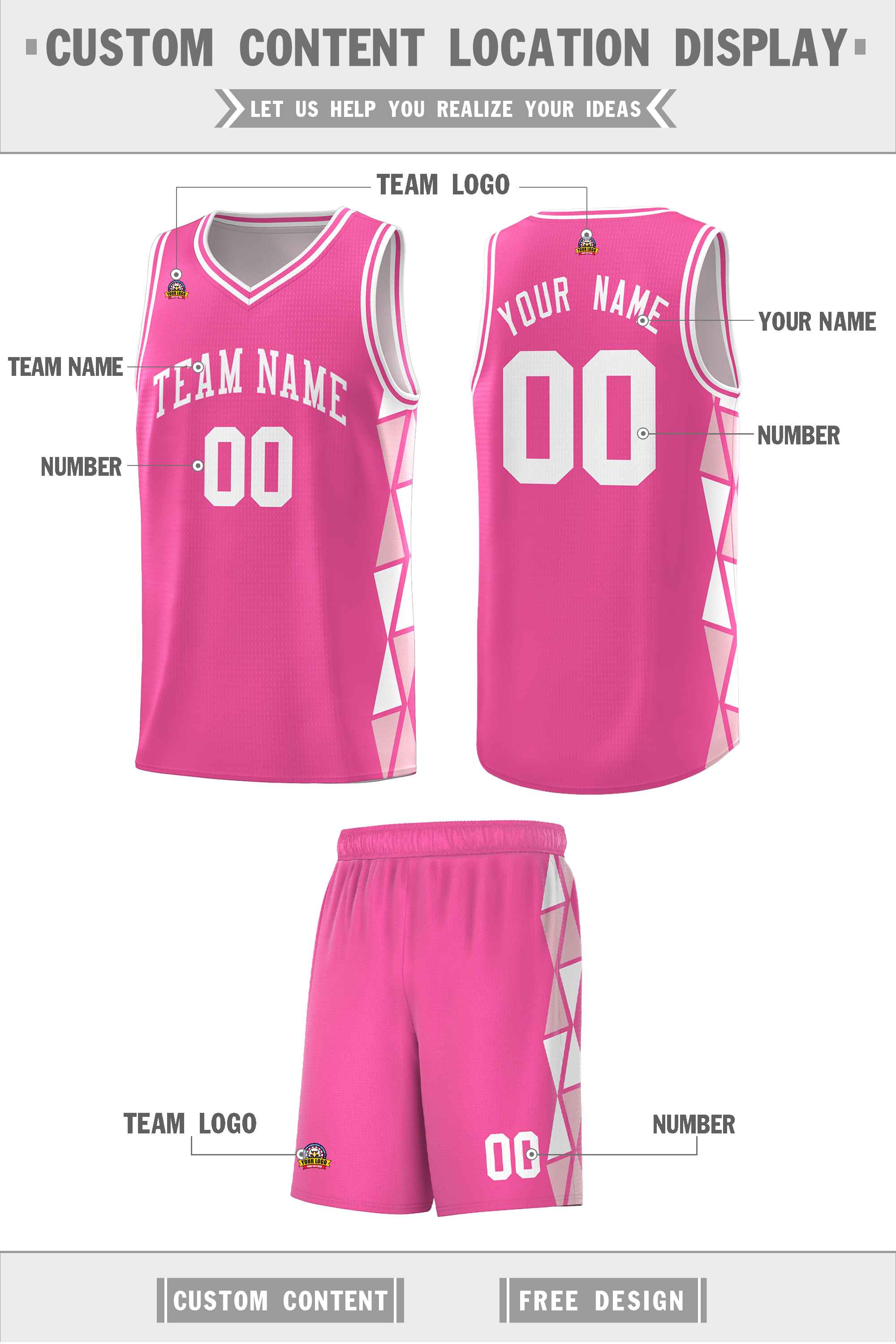 Custom Pink White-Light Pink Side Two-Color Triangle Splicing Sports Uniform Basketball Jersey