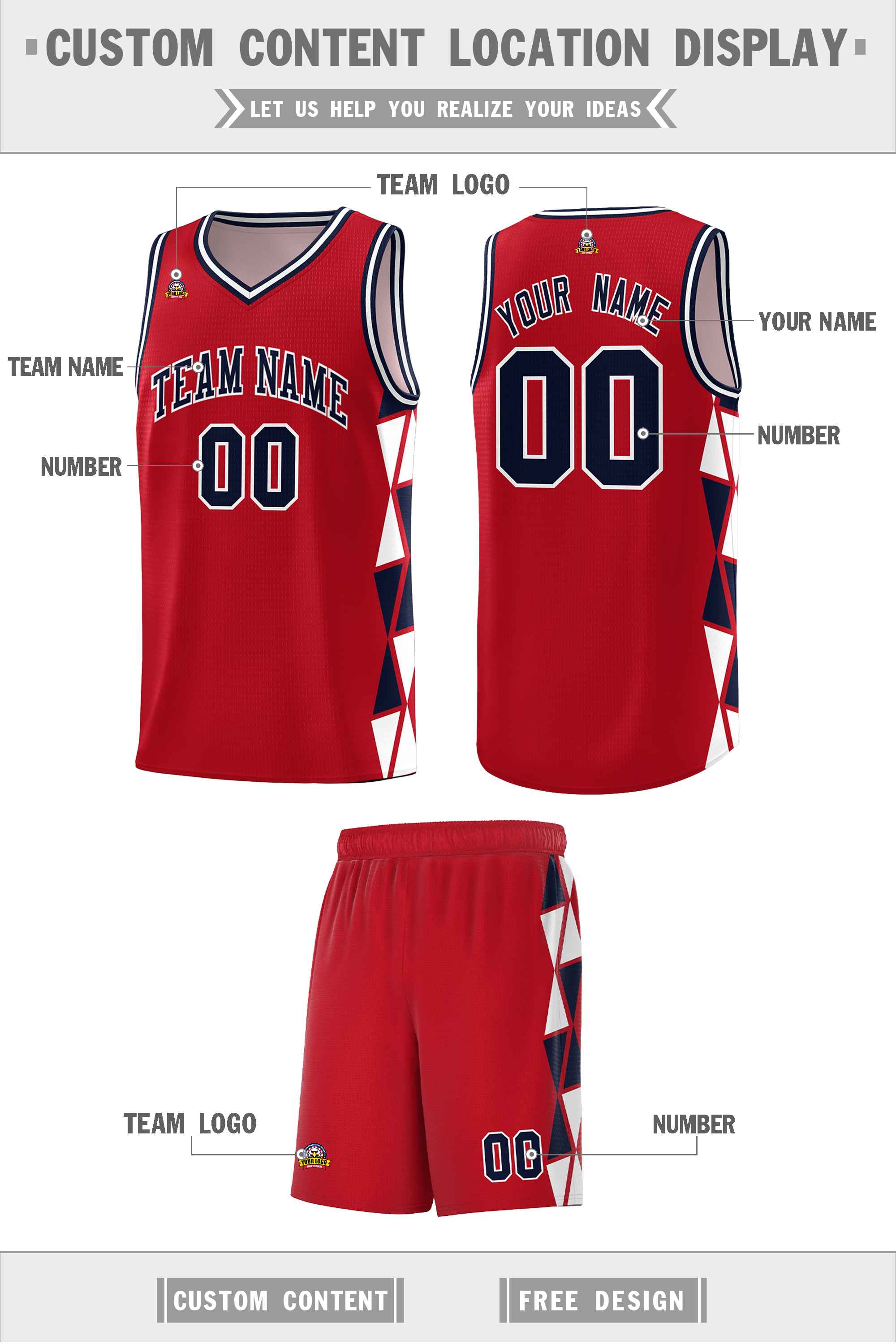 Custom Red Navy-White Side Two-Color Triangle Splicing Sports Uniform Basketball Jersey