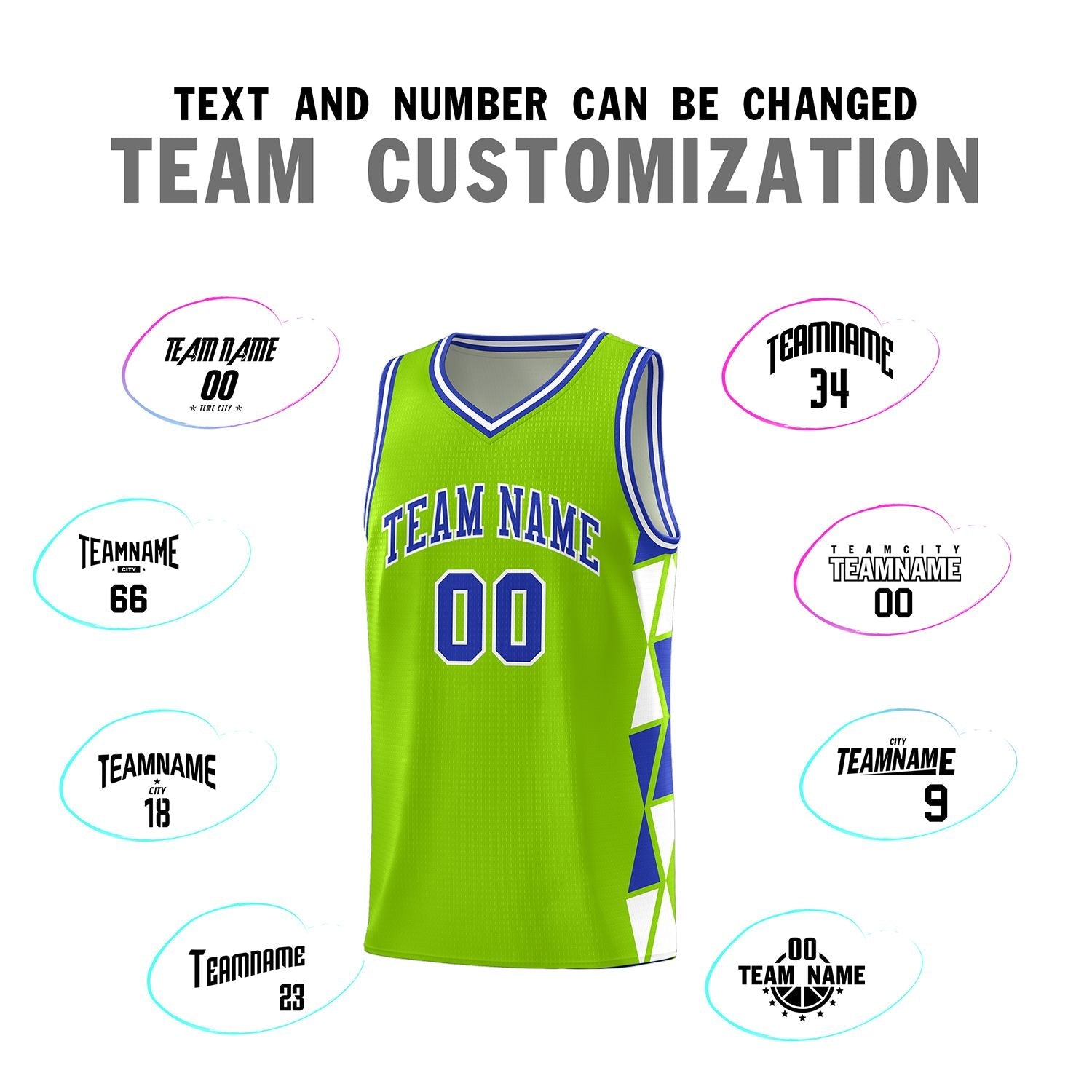 Custom Neon Green Royal-White Side Two-Color Triangle Splicing Sports Uniform Basketball Jersey