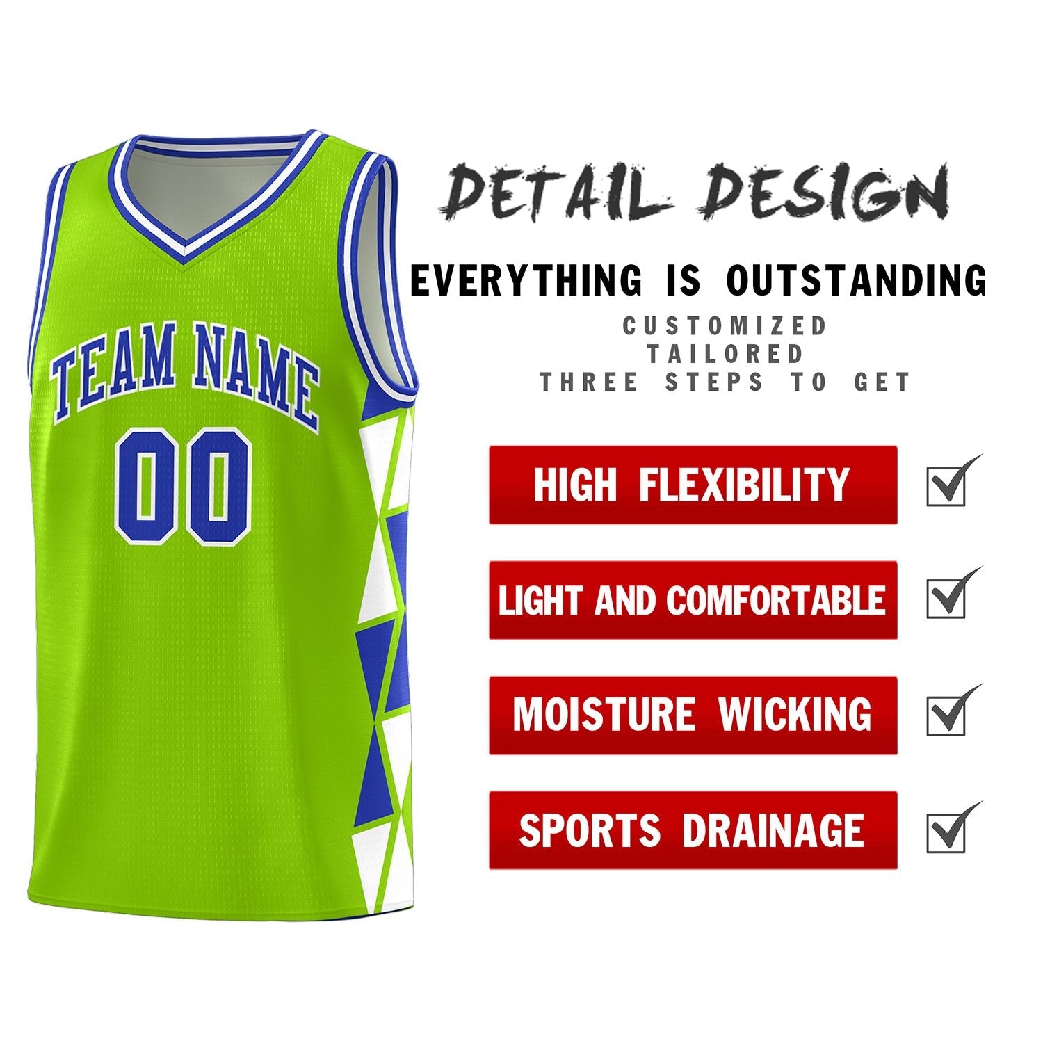 Custom Neon Green Royal-White Side Two-Color Triangle Splicing Sports Uniform Basketball Jersey