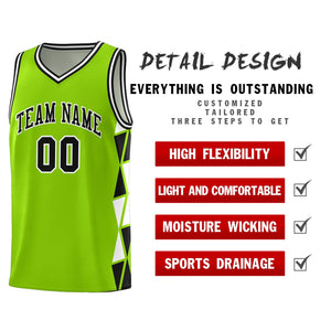 Custom Neon Green Black-White Side Two-Color Triangle Splicing Sports Uniform Basketball Jersey