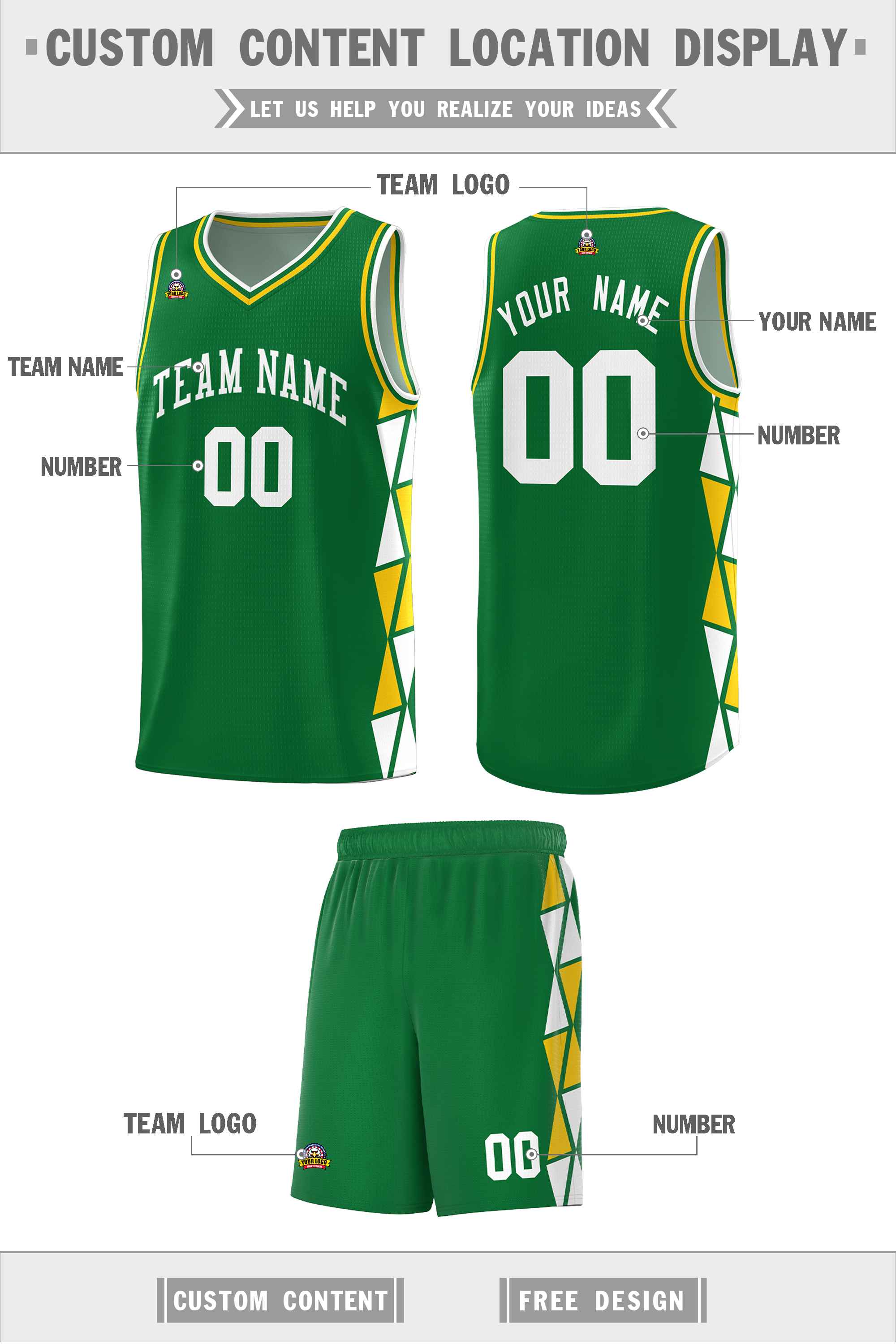 Custom Kelly Green White-Gold Side Two-Color Triangle Splicing Sports Uniform Basketball Jersey