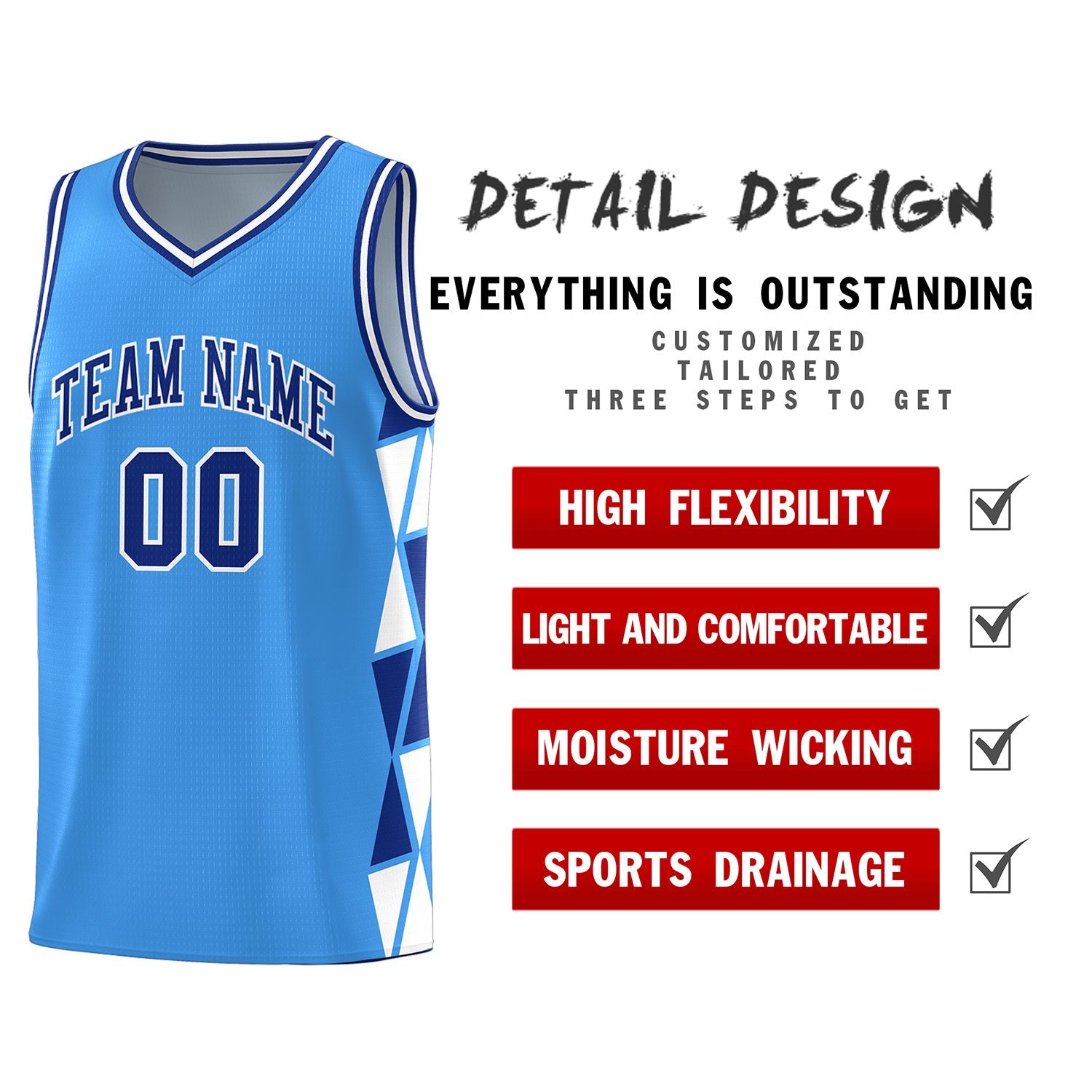 Custom Powder Blue Royal-White Side Two-Color Triangle Splicing Sports Uniform Basketball Jersey