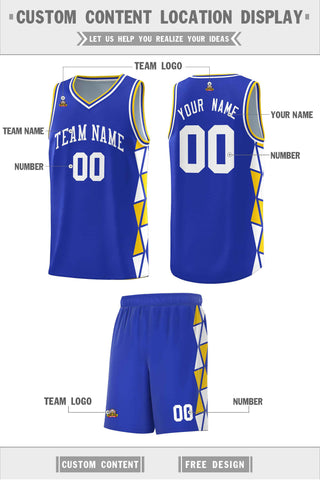 Custom Royal Gold-White Side Two-Color Triangle Splicing Sports Uniform Basketball Jersey