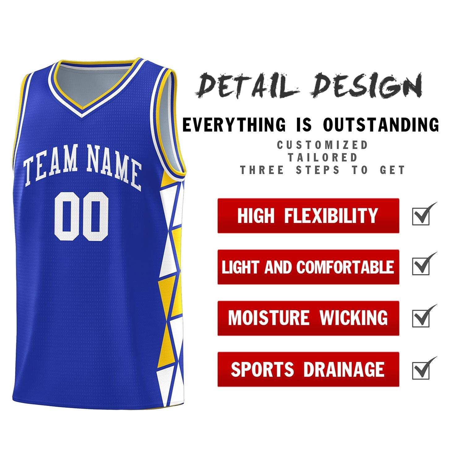 Custom Royal Gold-White Side Two-Color Triangle Splicing Sports Uniform Basketball Jersey