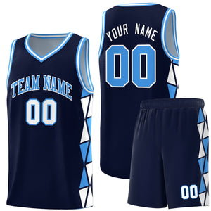 Custom Navy Powder Blue-White Side Two-Color Triangle Splicing Sports Uniform Basketball Jersey