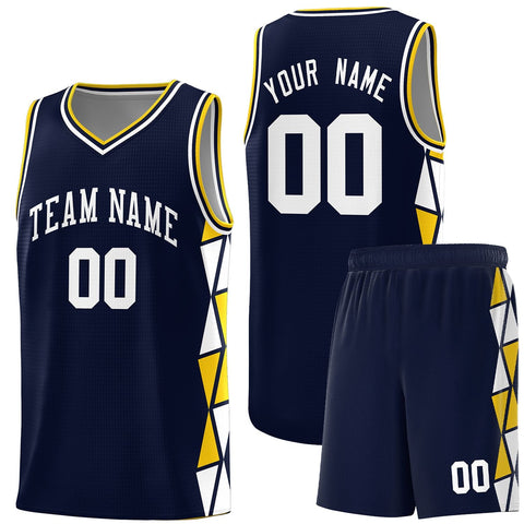 Custom Navy Gold-White Side Two-Color Triangle Splicing Sports Uniform Basketball Jersey