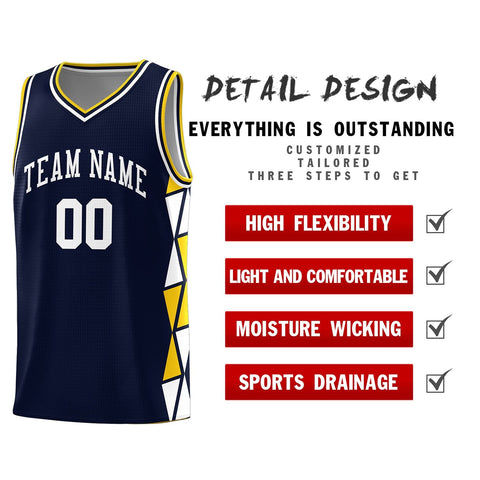 Custom Navy Gold-White Side Two-Color Triangle Splicing Sports Uniform Basketball Jersey