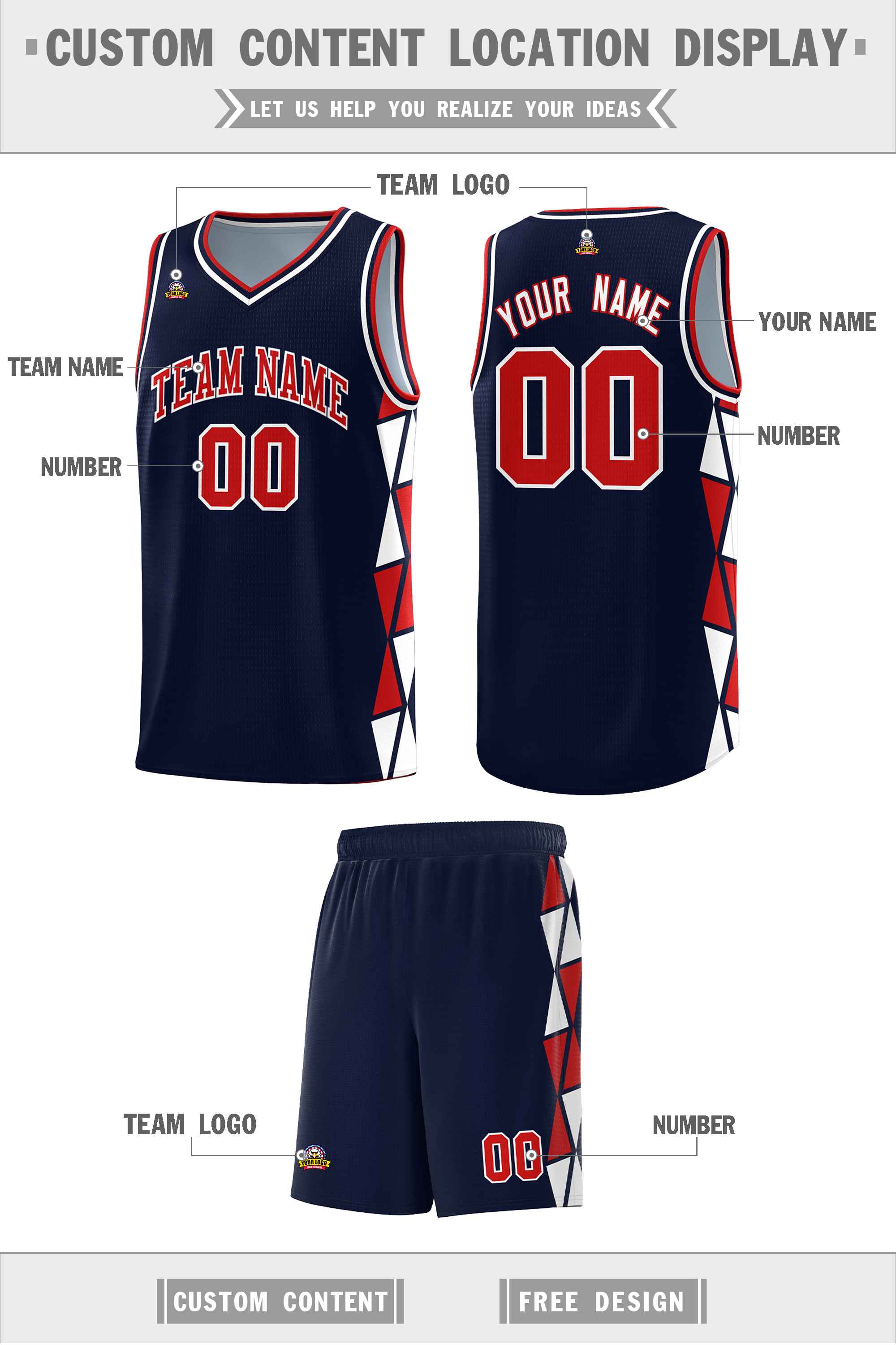 Custom Navy Red-White Side Two-Color Triangle Splicing Sports Uniform Basketball Jersey