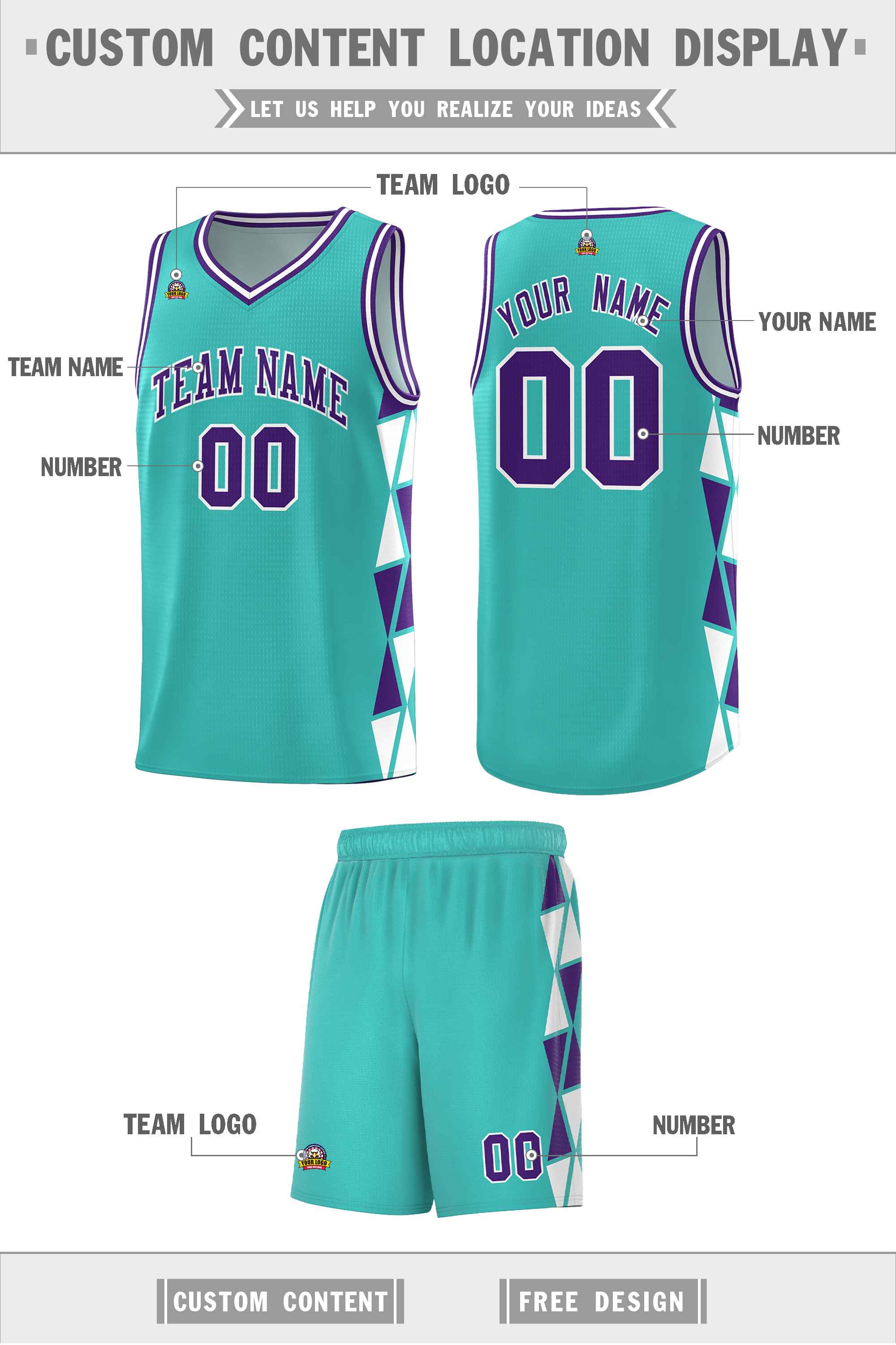 Custom Aqua Purple-White Side Two-Color Triangle Splicing Sports Uniform Basketball Jersey