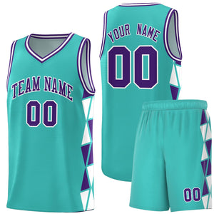 Custom Aqua Purple-White Side Two-Color Triangle Splicing Sports Uniform Basketball Jersey