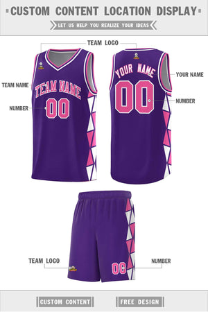 Custom Purple Pink-White Side Two-Color Triangle Splicing Sports Uniform Basketball Jersey