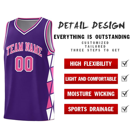 Custom Purple Pink-White Side Two-Color Triangle Splicing Sports Uniform Basketball Jersey