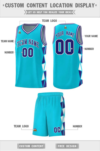 Custom Sky Blue Violet-White Side Two-Color Triangle Splicing Sports Uniform Basketball Jersey