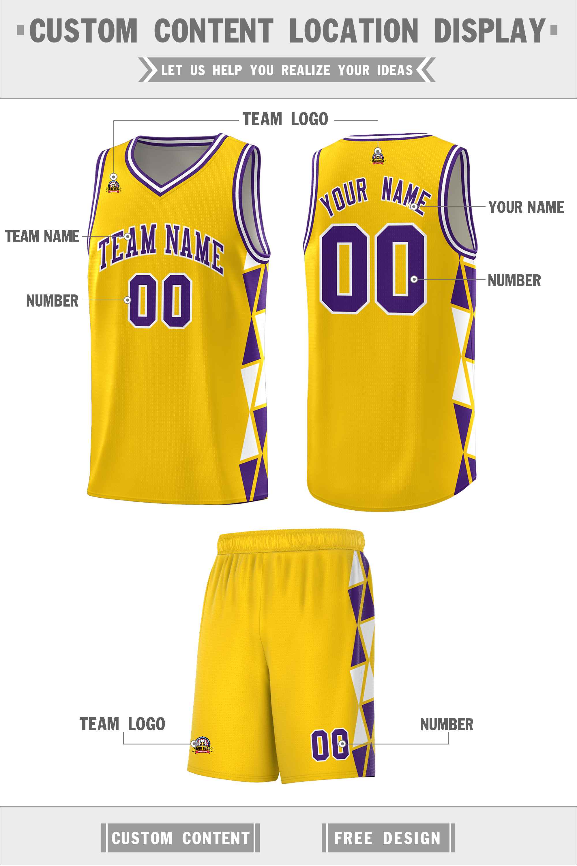 Custom Gold Purple-White Side Two-Color Triangle Splicing Sports Uniform Basketball Jersey