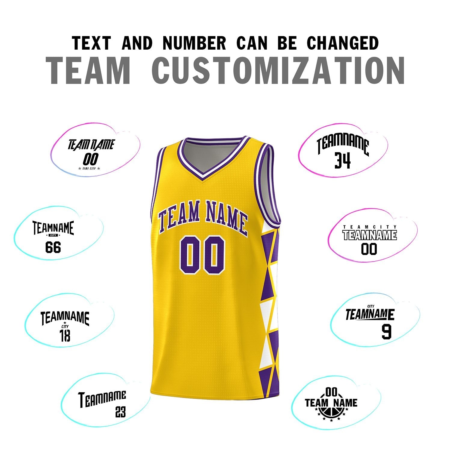 Custom Gold Purple-White Side Two-Color Triangle Splicing Sports Uniform Basketball Jersey