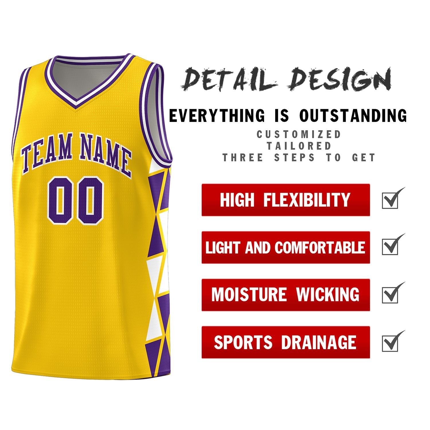 Custom Gold Purple-White Side Two-Color Triangle Splicing Sports Uniform Basketball Jersey