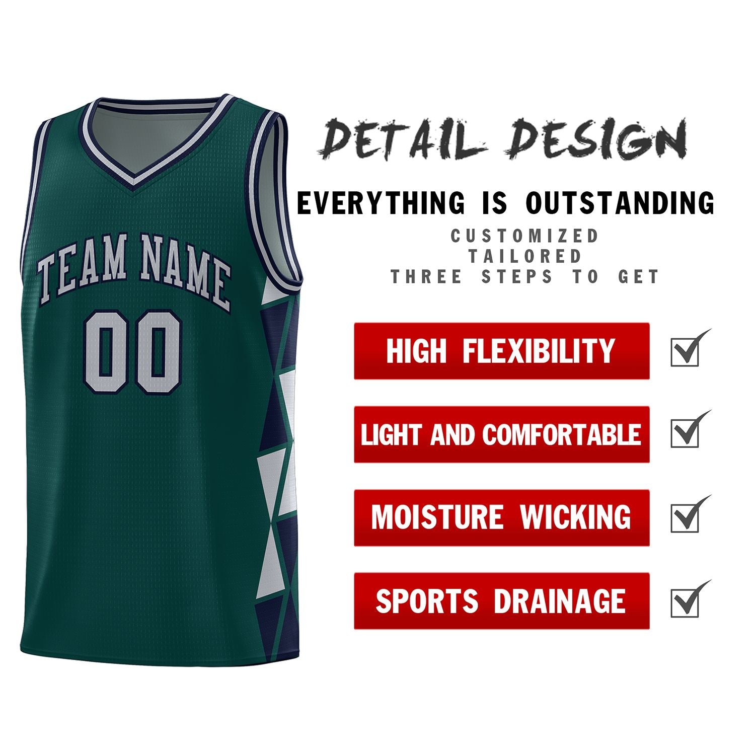 Custom Midnight Green Gray-Navy Side Two-Color Triangle Splicing Sports Uniform Basketball Jersey