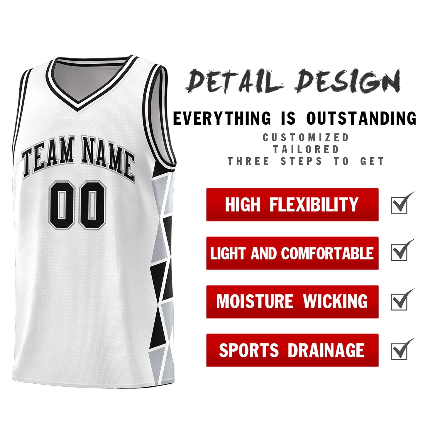 Custom White Black-Gray Side Two-Color Triangle Splicing Sports Uniform Basketball Jersey