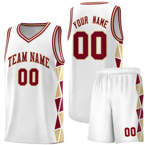 Custom White Crimson-Khaki Side Two-Color Triangle Splicing Sports Uniform Basketball Jersey