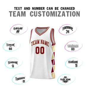 Custom White Crimson-Khaki Side Two-Color Triangle Splicing Sports Uniform Basketball Jersey