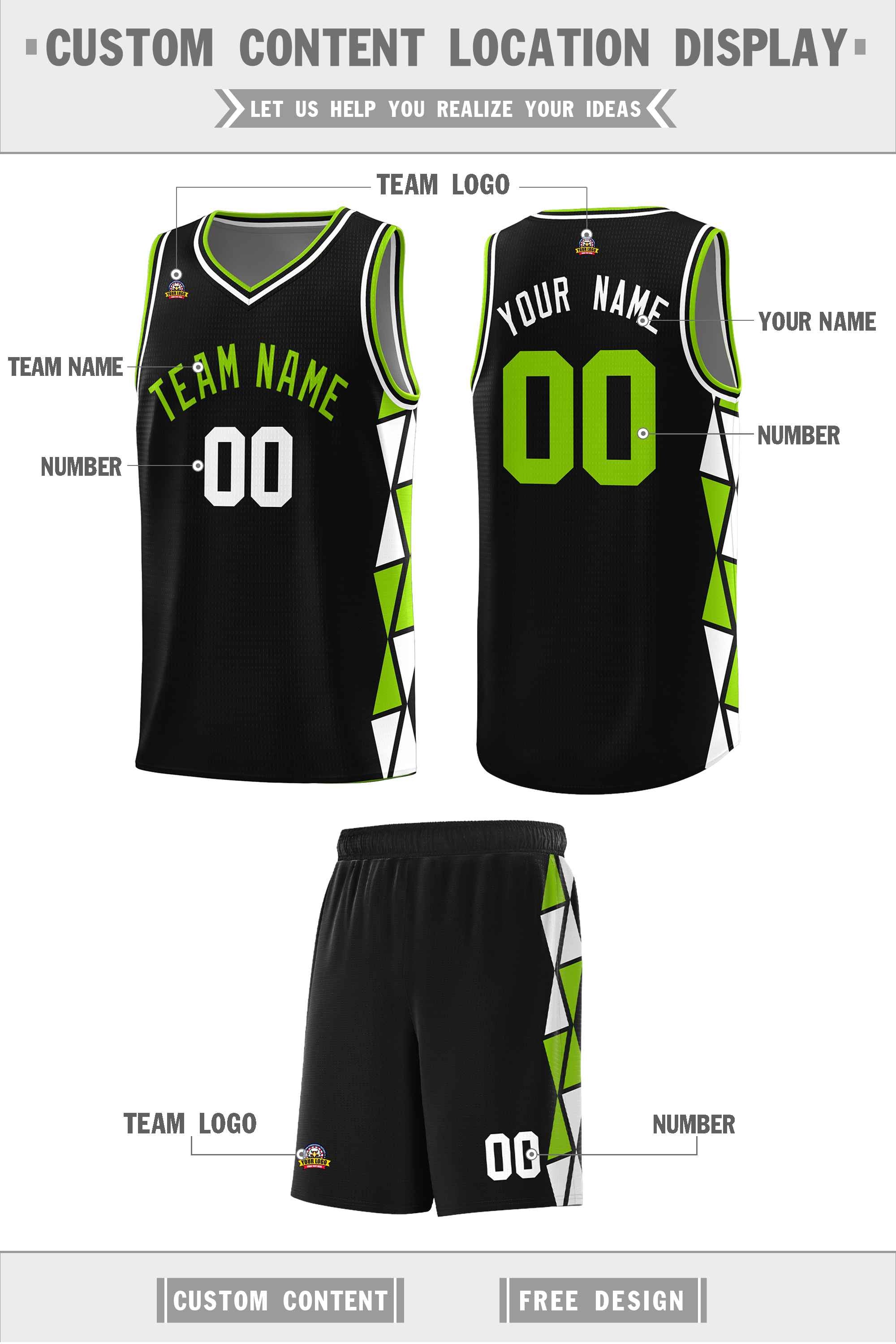 Custom Black Neon Green-White Side Two-Color Triangle Splicing Sports Uniform Basketball Jersey