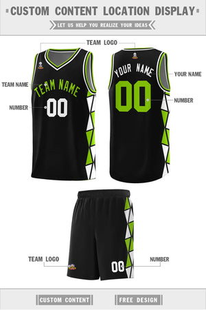 Custom Black Neon Green-White Side Two-Color Triangle Splicing Sports Uniform Basketball Jersey