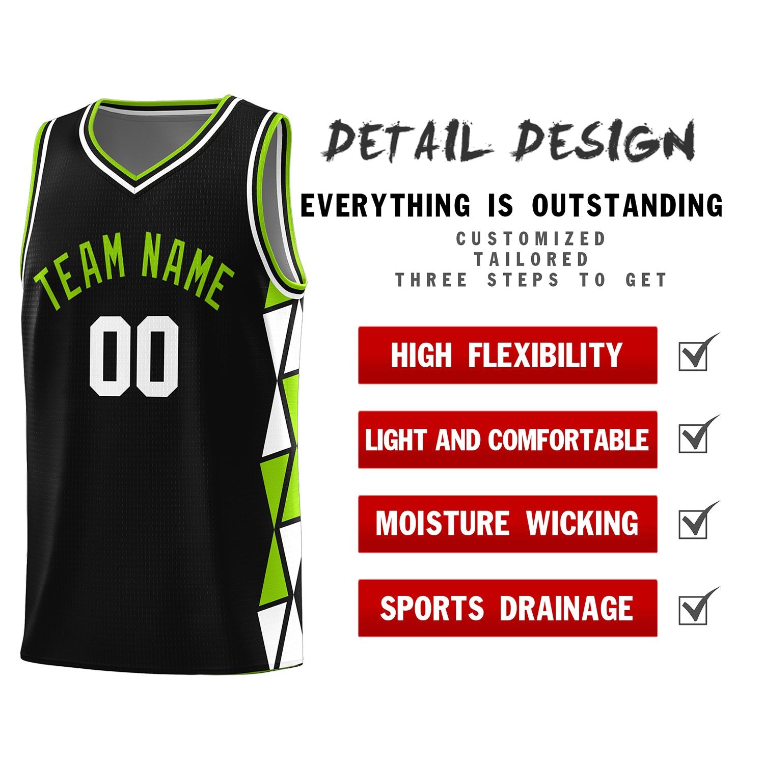 Custom Black Neon Green-White Side Two-Color Triangle Splicing Sports Uniform Basketball Jersey