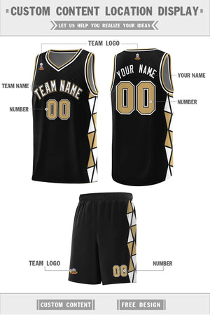 Custom Black Old Gold-White Side Two-Color Triangle Splicing Sports Uniform Basketball Jersey