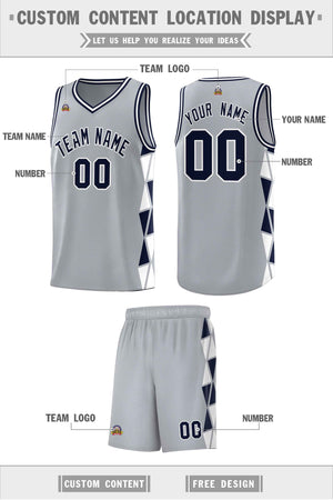 Custom Gray Navy-White Side Two-Color Triangle Splicing Sports Uniform Basketball Jersey