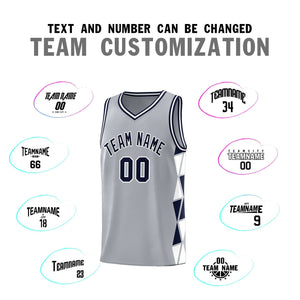 Custom Gray Navy-White Side Two-Color Triangle Splicing Sports Uniform Basketball Jersey