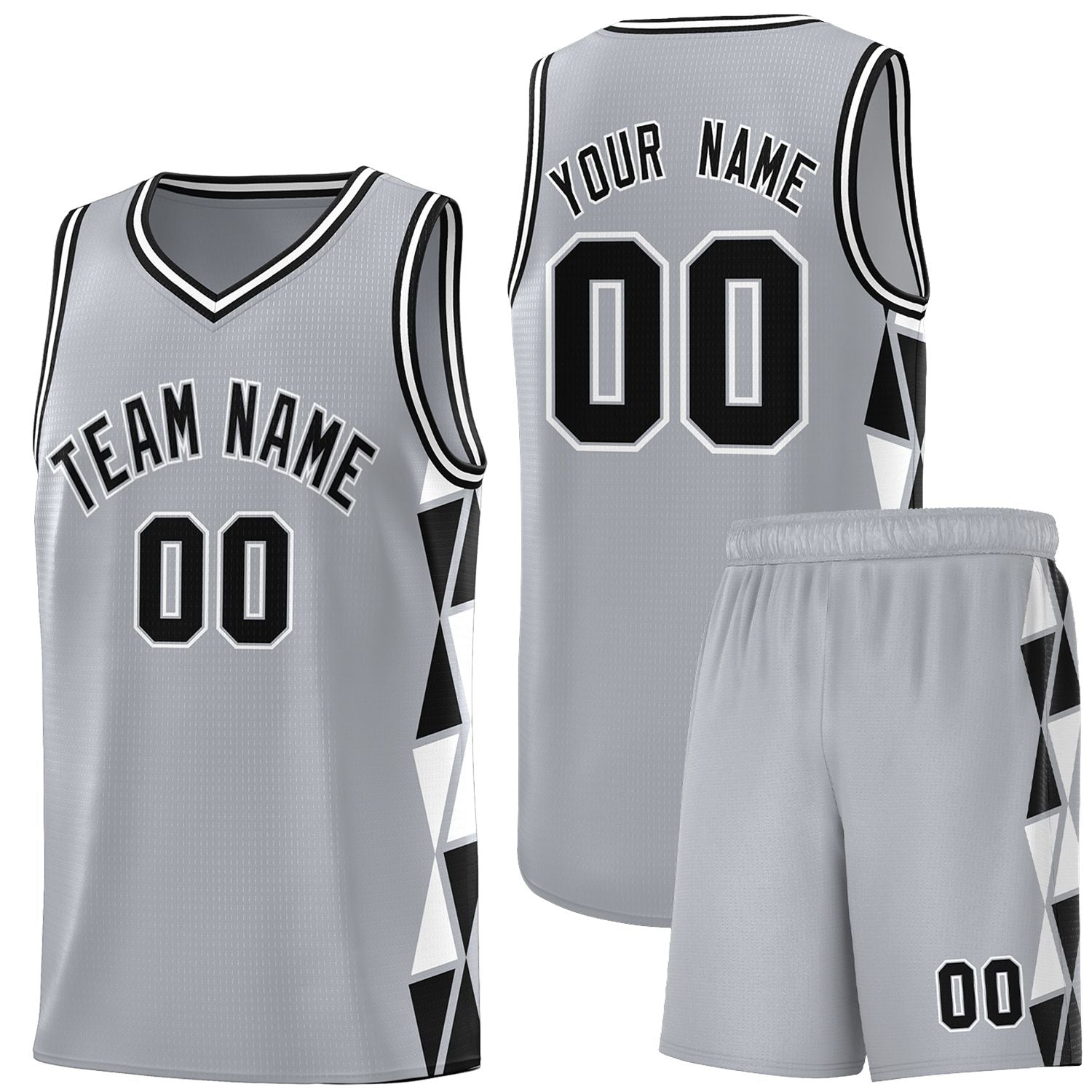 Custom Gray Black-White Side Two-Color Triangle Splicing Sports Uniform Basketball Jersey