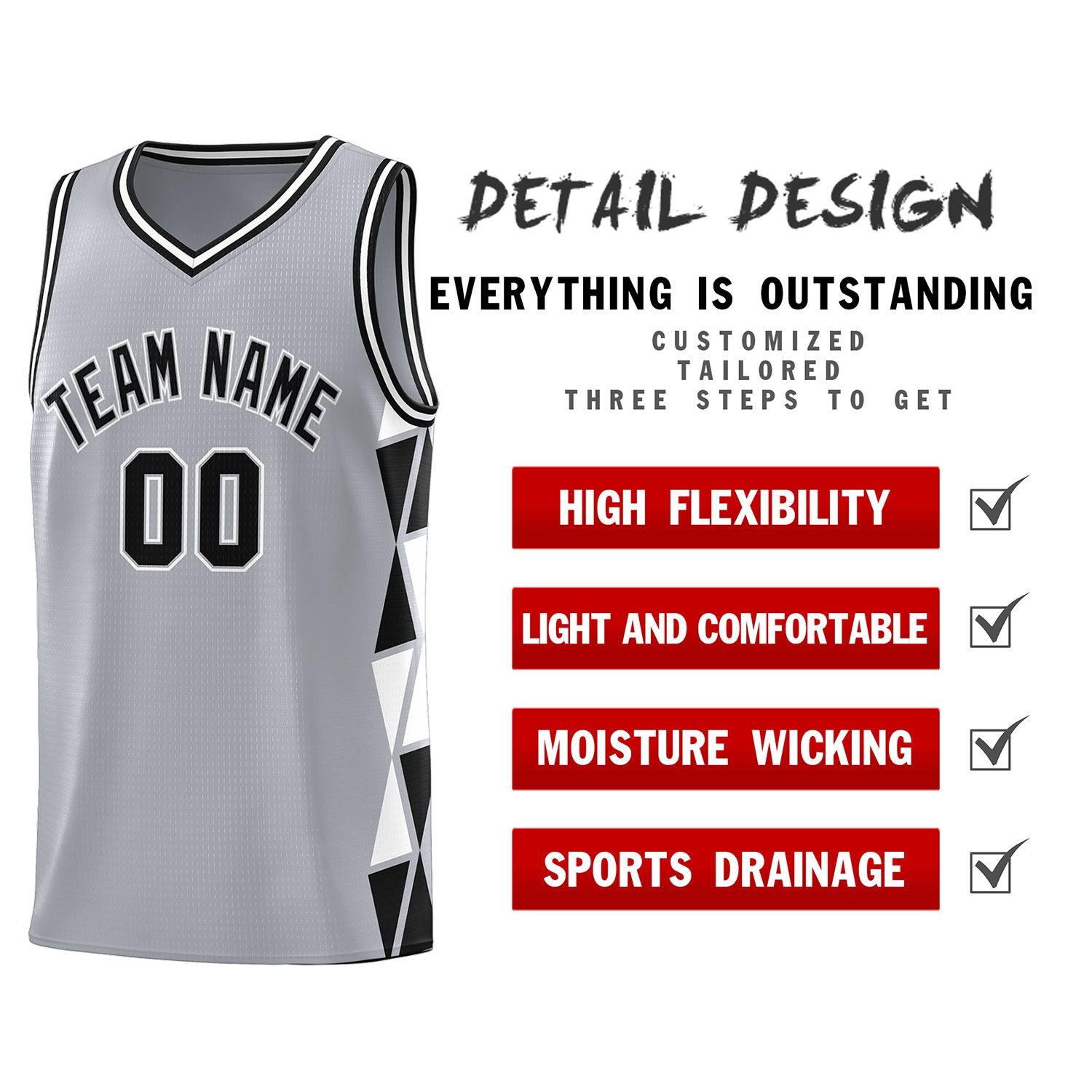 Custom Gray Black-White Side Two-Color Triangle Splicing Sports Uniform Basketball Jersey