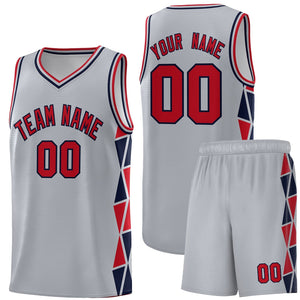 Custom Gray Red-Navy Side Two-Color Triangle Splicing Sports Uniform Basketball Jersey