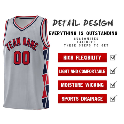 Custom Gray Red-Navy Side Two-Color Triangle Splicing Sports Uniform Basketball Jersey